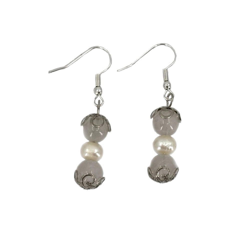 Clear Quartz and Pearl Beaded Earrings Upcycled Handmade